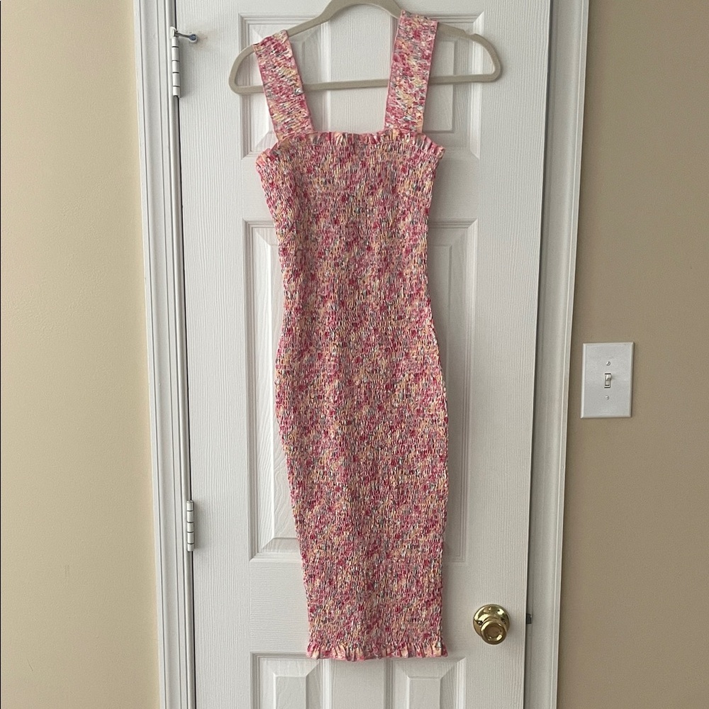 Elegant Pink Smocked Midi Dress